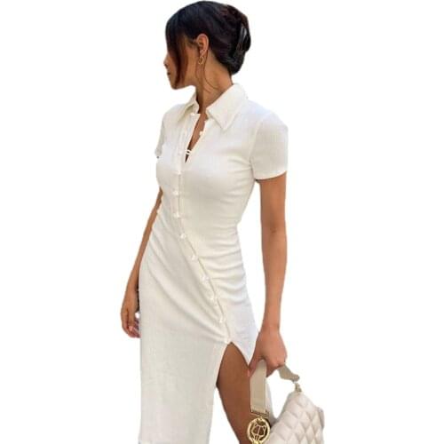 Short-sleeved Button Stitching Beveled Side Slit Sexy Dress Autumn and Winter Ladies Fashion Party French Mid-length Dress
