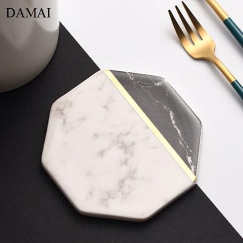 Nordic Golden Inlay Coaster Natural Marble Decorative Coffee Cup Porcelain Coasters In Holder Set Desktop Home Mug Ceramic Base