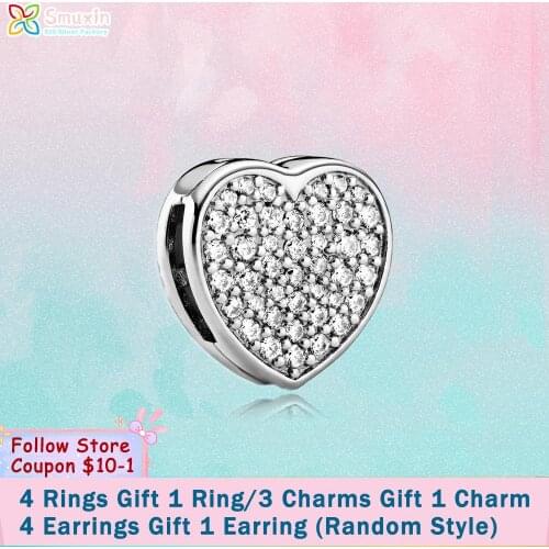 Smuxin 925 Sterling Silver Bead Silver Pave Heart Clip Charm fit Original Pandora Bracelets for Women Jewelry Making Girl Gift