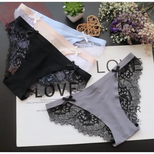 SP&CITY Ice Silk Lace Transparent Womens Underwear Bow Traceless Cute Hollow Out Panties Sexy Low Wasit Seamless Briefs Tanga