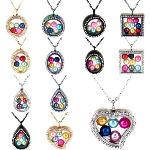 Mixed Rhinestone Glass Pendant Necklace fit 8mm Beads Pearl Cage Locket Pendant 50cm Steel Chains