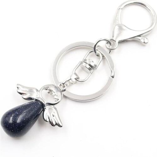 YJXP Classic Silver Plated Lobster Clasp Angel Wings Water Drop-Shaped Blue Sand Stone Key Chains For Souvenirs Gift Jewelry