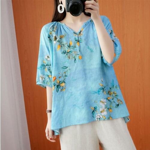 Women Summer Loose Casual T-shirts New Arrival 2021 Vintage Style V-neck Floral Print Female Half Sleeve Tops Tees S3664