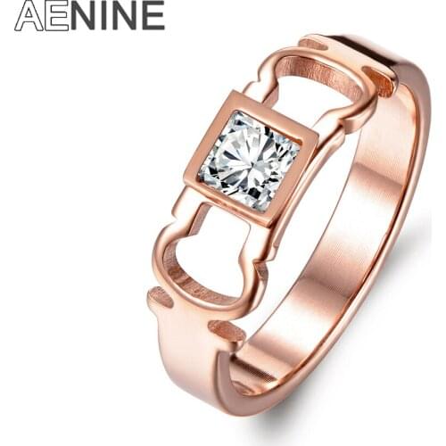 AENINE Simple Rose Gold Wedding Ring Stainless Steel Geometric Square Cut CZ Jewelry Tension Setting Rings For Women AR17034
