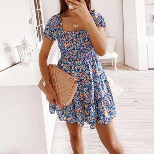 Women Dress Puff Shoulder Short Sleeve Ruffle Dress Floral Print Sexy Backless A-Line Dress Spring Summer