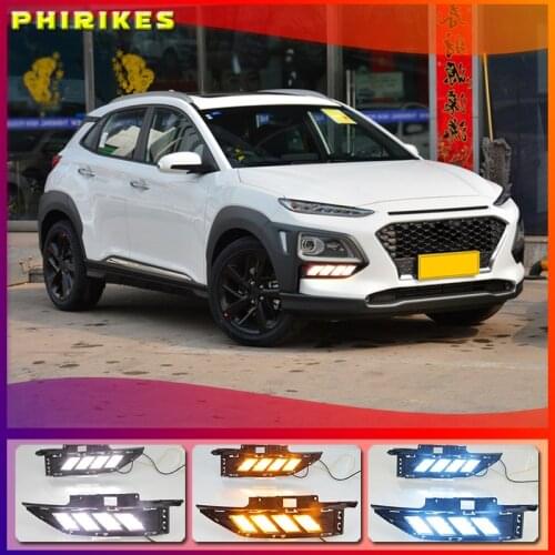 2pcs For Hyundai Kona 2017 2018 2019 2020 Dynamic Yellow Turn Signal Function Car DRL Lamp 12V LED Daytime Running Light