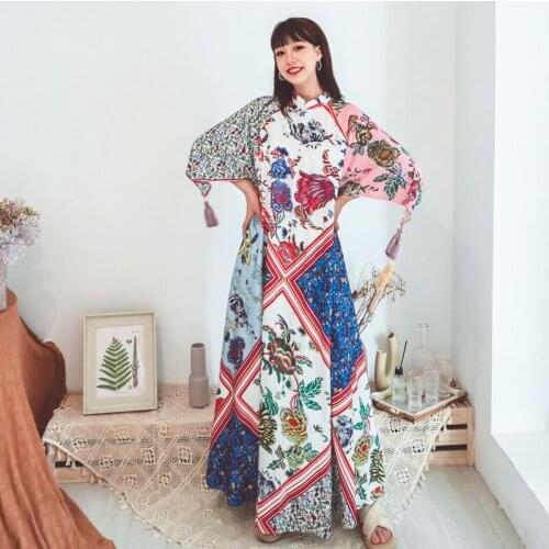 2021 Chinese Cheongsam Dress Large Size Loose Retro Ethnic Printed Dress, Woman Dress