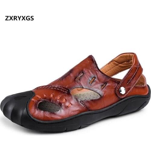 2021 New Summer Men Sandals Casual Shoes Hole Genuine Leather Shoes Baotou Fashion Sandals Sneakers Men Slippers Plus Size 38-46