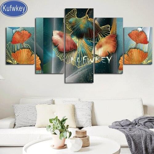 5 piece Diamond embroidery Gold Ginkgo Leaf 5 d diamond painting full drill crystal 3d Diamond mosaic cross stitch Office Decor