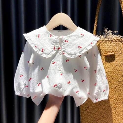 Gril Blouses Clothing Autumn Baby Girls Cotton Shirts New Cherry Print Children Kids Long Sleeve Turn Down Collar Shirt Fashion