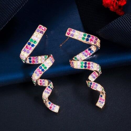 CWWZircons Vivid Cute Twisted Ribbon Shape Multicolor Cubic Zirconia Long Unique Earrings Trendy Boho Jewelry for Women CZ779