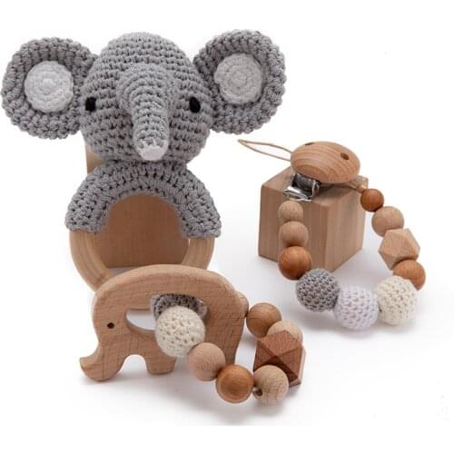 Baby Teether Wooden Music Rattle Crochet Elephant Bells Teething Bracelet Pacifier Dummy Clips Gym Play Rodent Baby Products Toy
