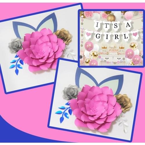 DIY Large Paper Flowers Giant Rose Fleurs Backdrops 3PCS+ 2 Leaves + 2 Ears For Baby Shower Nursery Kids' Birthday Video