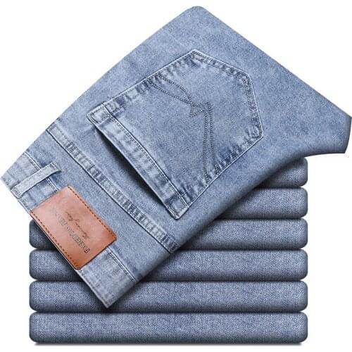 Spring and autumn new light blue mens straight-leg jeans classic anti-theft zipper cotton stretch jeans mens brand trousers