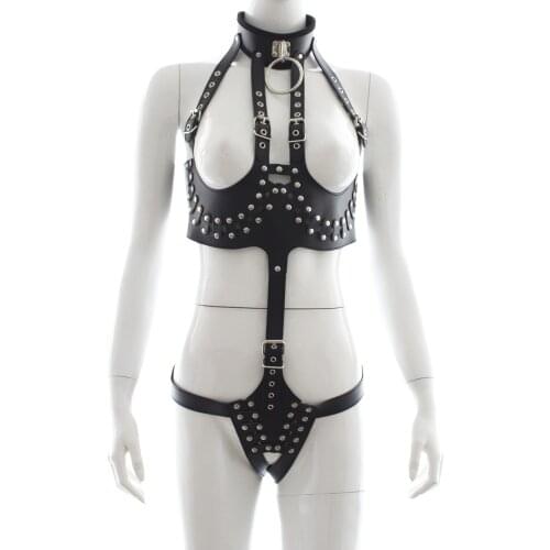 Open Crotch Erotic Lingerie Sexy Womens PU High Collar Topless Queen Corset Bondage Belt With Strap Sex Product For Adult Games