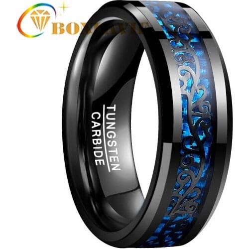 BONLAVIE Black Vine Blue Carbon Fiber Tungsten Steel Rings Fashion Men Ring Wedding Bands Male Jewelry Anillos Accessories
