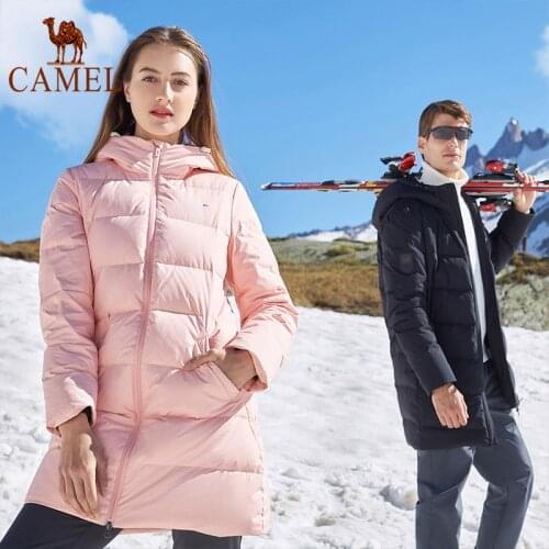 CAMEL Official Women Men Outdoor Down Jacket Hooded Mid-length Winter Warm Thickened Sports Jackets Hiking Sking Clothing Unisex