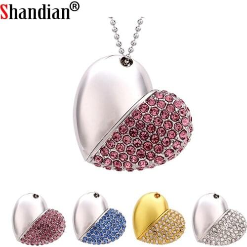 SHANDIAN Hot Cute Crystal Silver Cylinder + Chain pendrive 16GB 32GB 8GB 64GB USB 2.0 Flash mini Memory Stick usb flash Drive