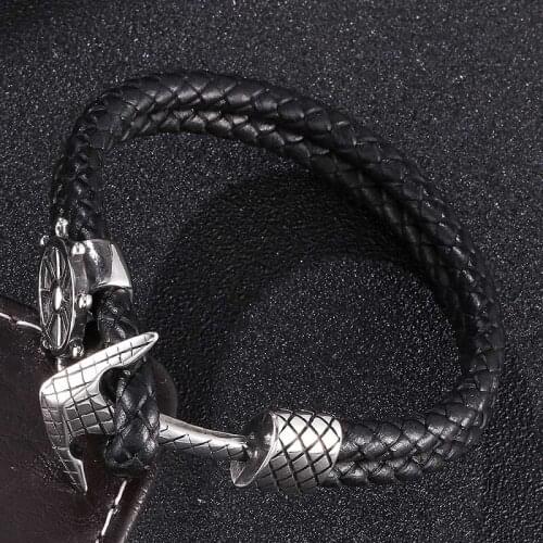 Fashion Anchor Bangle Double Layer Leather Black Braided Men Bracelets Stainless Steel Buckle Unisex Wrist Band Gifts