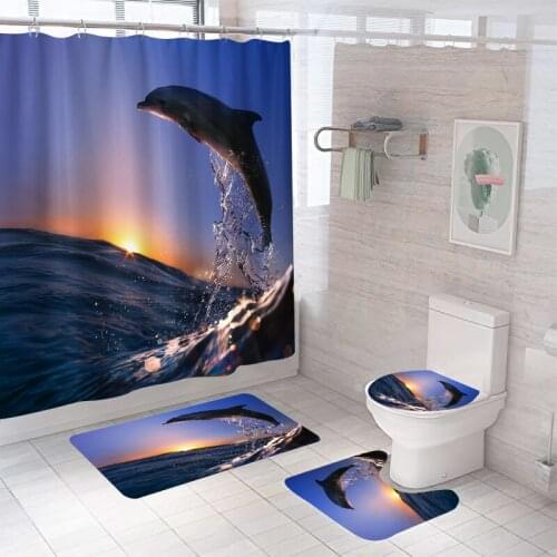 Waterproof Bathroom Shower Curtain Set with 12 Hooks Toilet Seat Bath Mats and Rugs Non-slip Carpet Toilet Covers