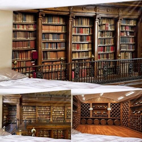 Retro Bookshelf Wine Cabinet 3d Tapestry Art Wall Hanging Cover Bedspread Throw Home Bedroom Decor Mysterious library