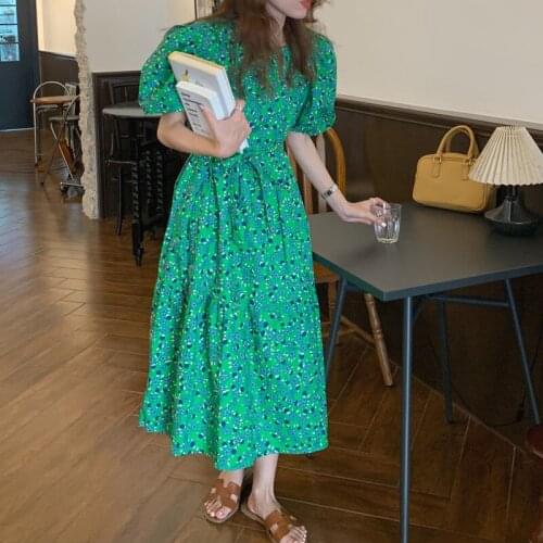 Retro Style Square Neck Lovely Bubble Sleeve Ruffle Hem Loose Waist Slim Flower Dress