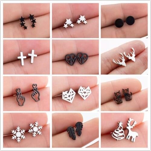 Punk Black Stainless Steel Stud Earrings for Women Girls Fashion Star Cross Fox Snowflake Deer Earings Hallowmas Jewelry Gifts