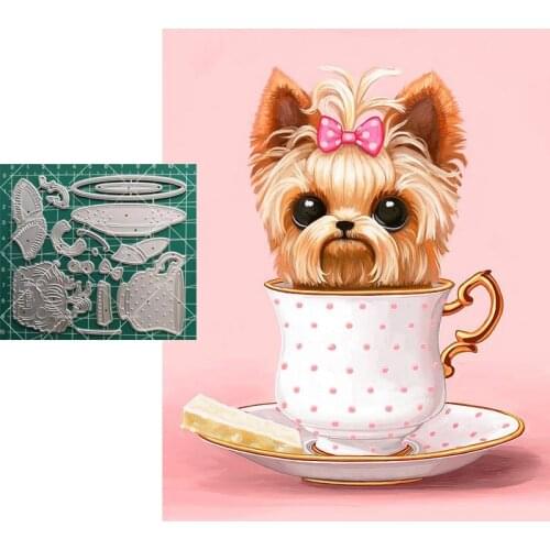 Yorkie In A Teacup Metal Cutting Dies Stencils for DIY Scrapbooking photo album Birthday Embossing DIY Paper Cards