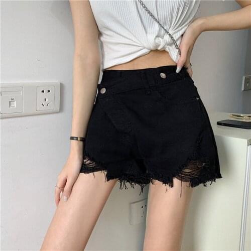 2021 denim shorts female ripped hole ins retro raw edge hyuna the same paragraph thin wide-legged high-waist a-line hot pants