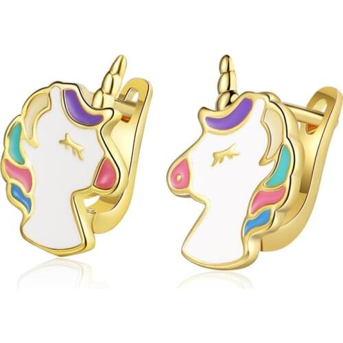 Colorful Unicorn Charms Stud Earrings for Women Girls Wedding Party Jewelry 925 Sterling Silver