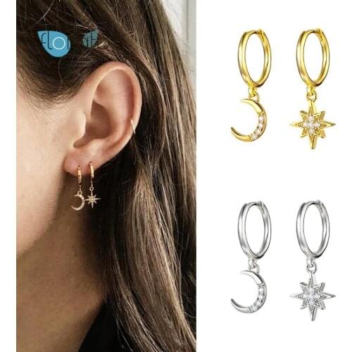 925 Sterling Silver Star and Moon Earrings for Women Charms Zircon Huggie Hoop Earrings For Girls Korean Fashion Jewelry