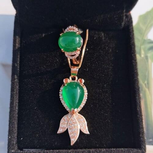 Jadery Rose Gold 925 Sterling Silver Jewelry Sets For Women Natural Green Jade Gemstone Fish Pendant Necklace/Ring Fine Jewelry