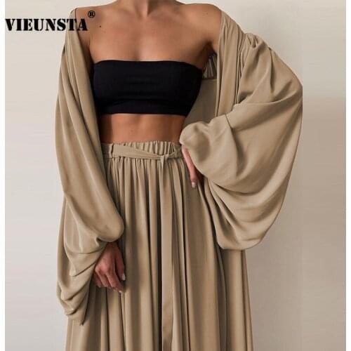 Women Sexy 3 Piece Sets Homewear Spring Summer Crop Tops Cardigan + Wide Leg Pants Suit Lady Lantern Sleeve Solid Casual Outfits