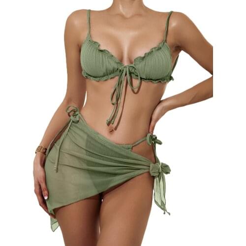 3pcs Women Split Swimsuit Sets Solid Color Bikini with Ruffles+Lace-up Panties+See-through Mesh Cover Ups Summer Swimwear