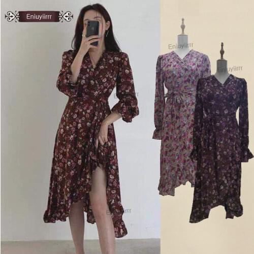 Floral Printed Beautiful Dresses Hot Sales Women Flare Sleeve Bow Tie Ruffled Temperament Lady Korean Style Vintage Dress E020
