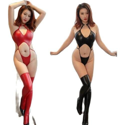 2pcs/set PU Leather High Cut Thong Bodysuit Hollow Out Sexy Bandage Sukumizu Cosplay Swimsuit Bathing Suit Women Swimwear Body S