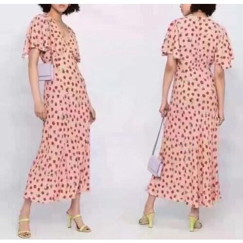 2021 Summer Womens Floral Dress Printing Short Petal Sleeve V-Neck Waist Shirring Robes Female Short Sleeve Midi Dresses