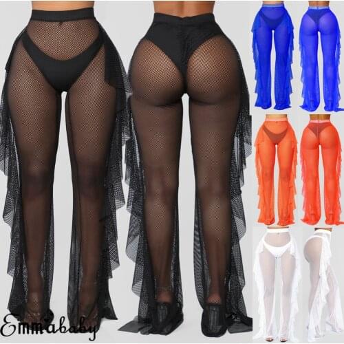 Women Mesh Sheer Fishnet Pant Trousers Summer High Elastic Waist Ruffles Side Cover-Ups Sexy Bikini Cover Up Beach Bathing Suit