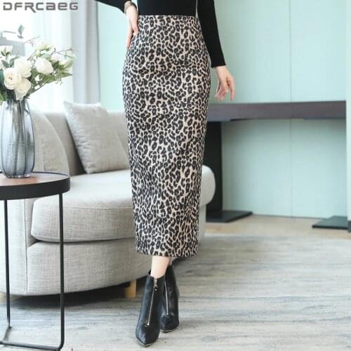 Elegant Streetwear Leopard Skirt Long Wool Winter Office Skirts Womens Retro High Waist Jupe Femme Vintage Bodycon Pencil Saias