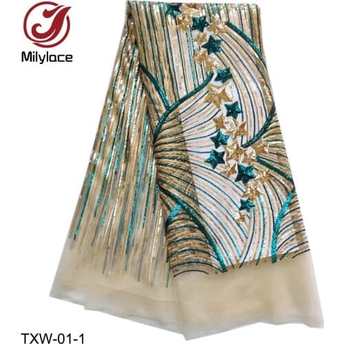 French Lace Fabric 5 Yards Sequined Lace Fabric African Tulle Lace Fabric Sequence Lace Fabric for Wedding Party Dress TXW-01