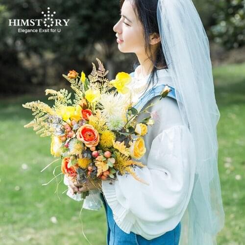 HIMSTORY Vintage Autumn Bridal Bouquet Brighter Yellow Orange Wildflowers Wedding Bridal Holder Bouquet Accessories Decoration