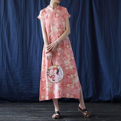 Johnature Women Cotton Linen Dress Chinese Style Cheongsam Button Stand Clothe 2020 Summer New Female Print Floral Vintage Dress