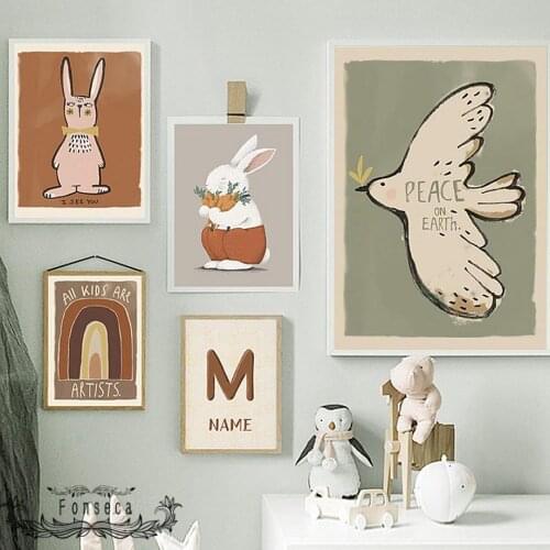 Nordic Cute Cartoon Dove Rabbit Rainbow Abc Canvas Painting Customized Name Posters and Prints Wall Art Pictures for Kids Room