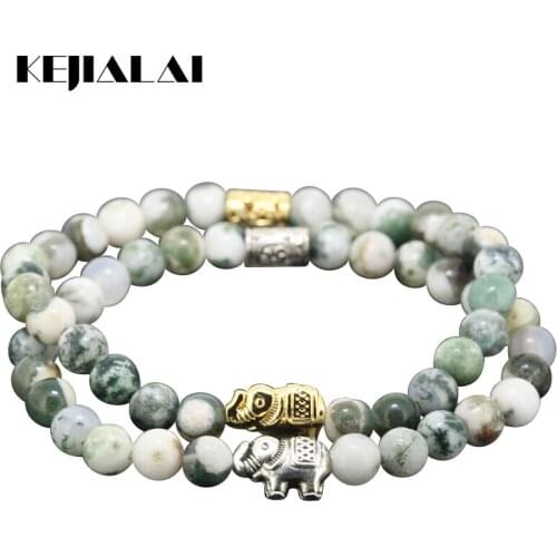 KEJIALAI New Coming Women Bracelet Fashion Charm Jewelry Top Quality Moss Stone Beads Bracelet Tibetan Silver Elephant Bracelet