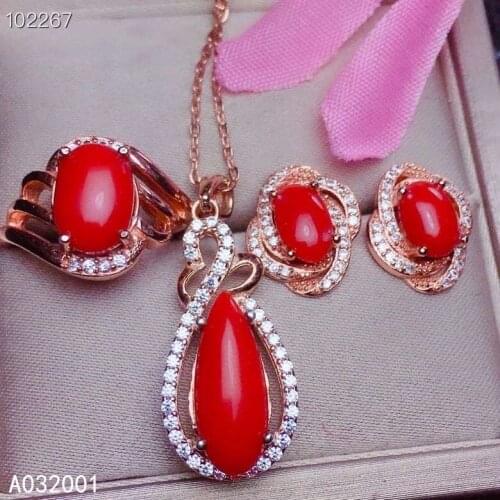 KJJEAXCMY fine jewelry natural red coral 925 sterling silver women gemstone pendant earrings ring set support test trendy