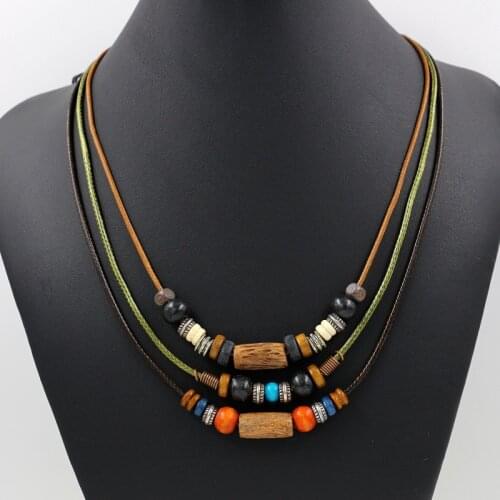 Wish Card Retro Multi-layer Color Wooden Beads Alloy Accessory Necklace Bohemian Ethnic Style Long Fashion Jewelry For Women New