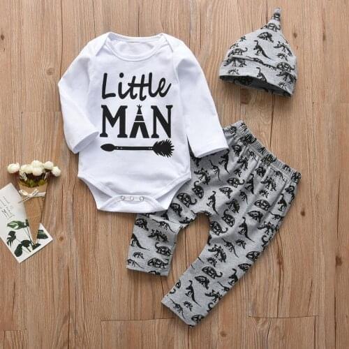Newborn Baby Boys Clothes Set Little Man Letter Infant Long Sleeve Romper Tops Dinosaur Print Pants+Hat Toddler Clothing