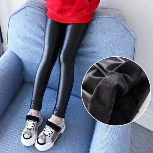 Girls Faux PU Leather Leggings Autumn Winter Fleece Lined Leggings for Cute Girls Black Children Kids Girls Stretchy Leggings