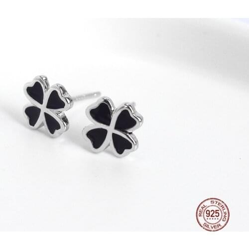 LKO 925 Sterling Silver Chic Love-Heart Black Four-Leaf Clover Stud Earrings Fashion for Women Party Wedding Jewelry