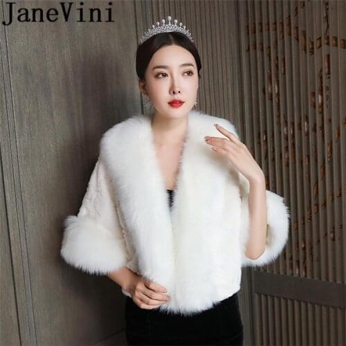 JaneVini Ivory Bride Fur Coat 2020 Half Sleeves Faux Fur Wedding Dress Evening Jacket for Women Bridal Wraps Capes Boleros Stole